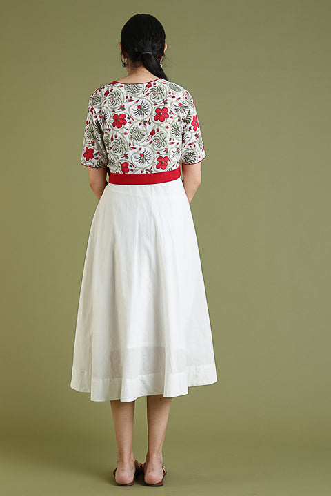 Premium Flare Dress with Hand Block Printed Top in White Cotton | Vinusto
