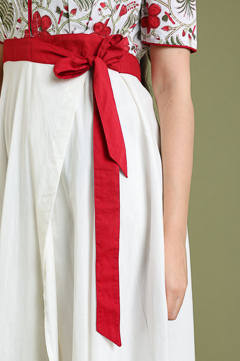 Handcraft Flare Dress with Hand Block Printed Top in White Cotton | Vinusto