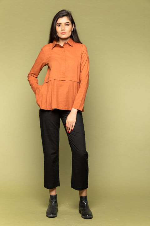 Shop Terracotta Brown Pleated Shirt with Straight Fit Black Cotton Pants (Set of 2) | Vinusto