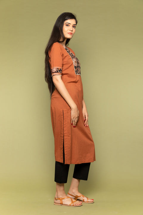 Luxury Terracotta Brown Printed Yoke Cotton Kurta with Black Cotton Pants - Set of 2

