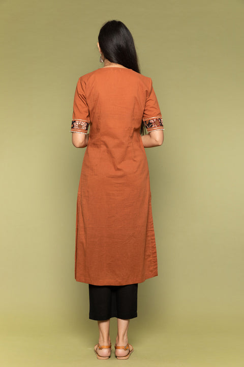 Handcraft Terracotta Brown Printed Yoke Cotton Kurta with Black Cotton Pants - Set of 2

