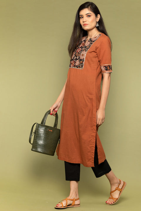 Order Terracotta Brown Printed Yoke Cotton Kurta with Black Cotton Pants - Set of 2

