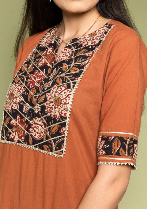 Terracotta Brown Cotton Kurta with Printed Yoke