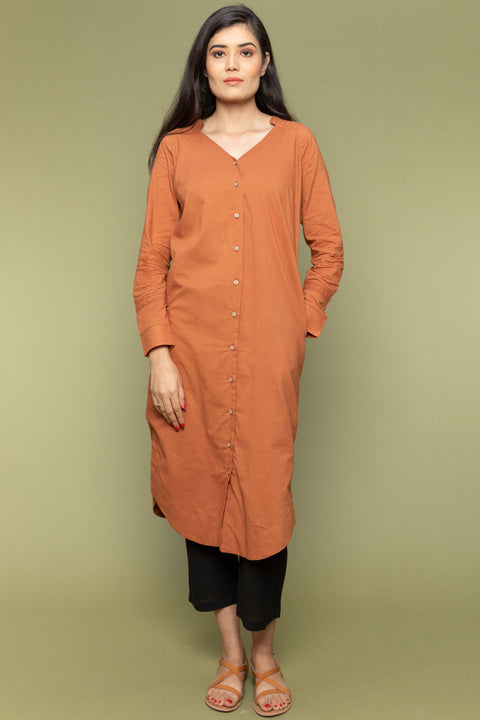 Cotton Kurta with Stylised V-Neck in Terracotta Brown and Cotton Pants in Black (Set of 2)