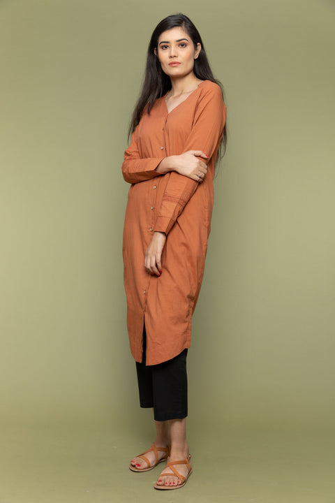 Cotton Kurta with Stylised V-Neck in Terracotta Brown and Cotton Pants in Black (Set of 2)