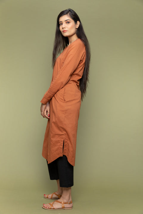 Cotton Kurta with Stylised V-Neck in Terracotta Brown and Cotton Pants in Black (Set of 2)