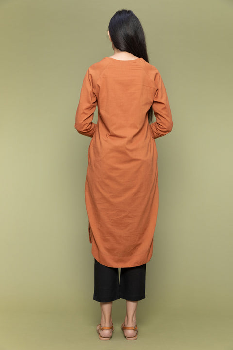 Cotton Kurta with Stylised V-Neck in Terracotta Brown and Cotton Pants in Black (Set of 2)