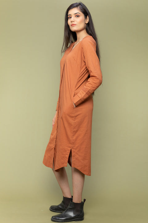 Cotton Dress with Stylised V-Neck in Terracotta Brown