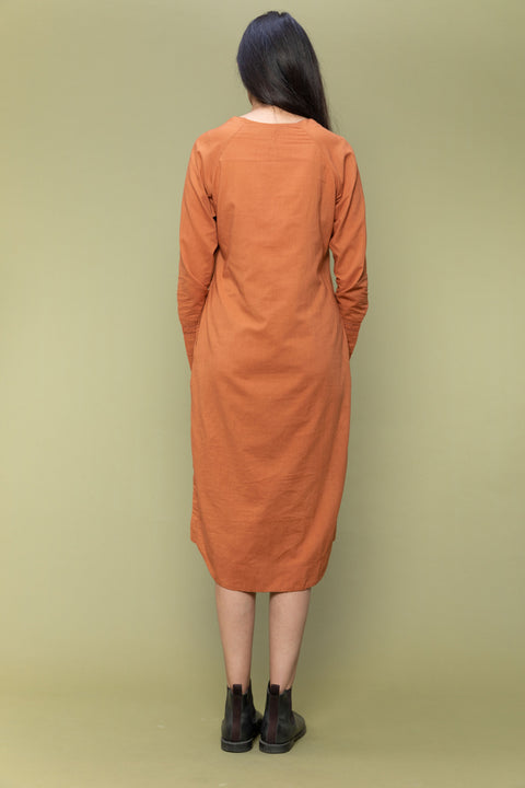 Handcraft Cotton Dress with Stylized V-Neck in Terracotta Brown | Vinusto