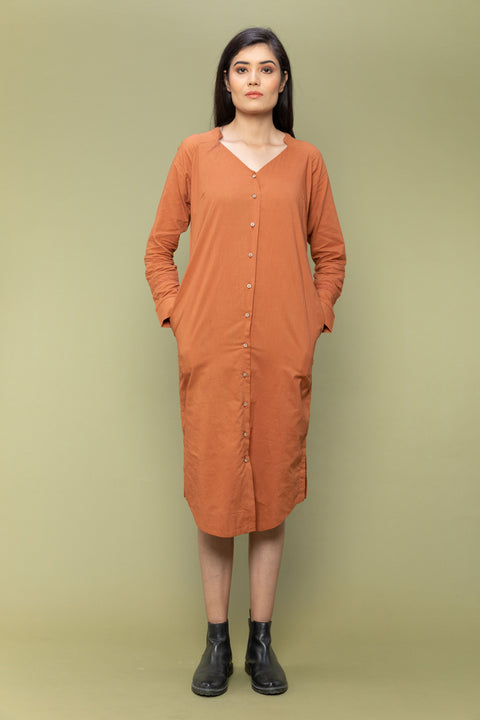 Cotton Dress with Stylised V-Neck in Terracotta Brown