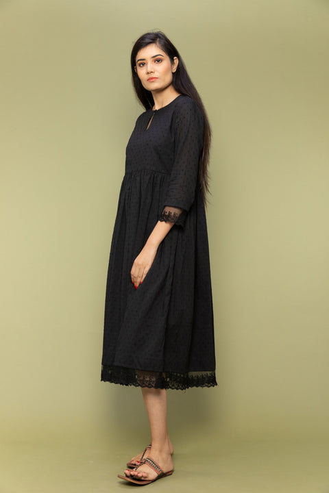Order Black Textured Cotton Dress with Lace Trims | Vinusto