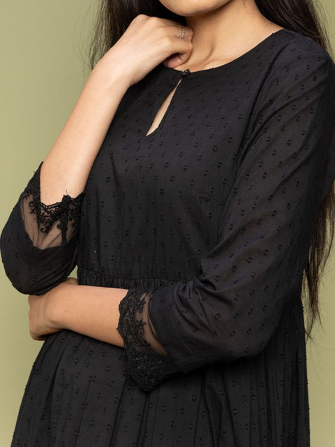 Luxury Black Textured Cotton Kurta & Pants with Lime Chanderi Dupatta - Set of 3

