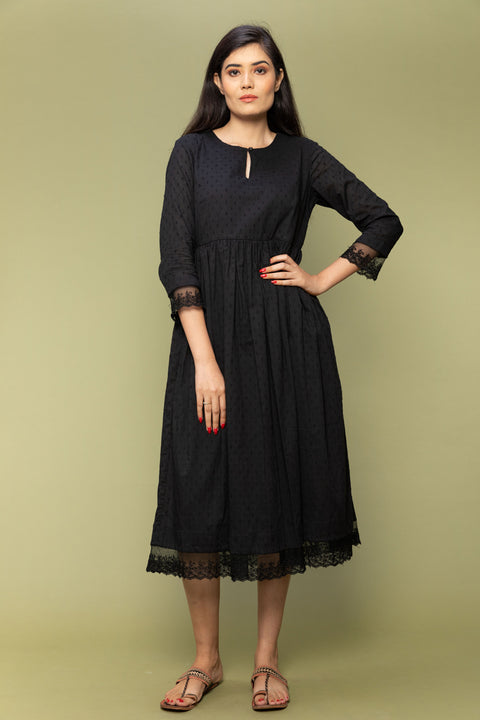 Shop Black Textured Cotton Dress with Lace Trims | Vinusto