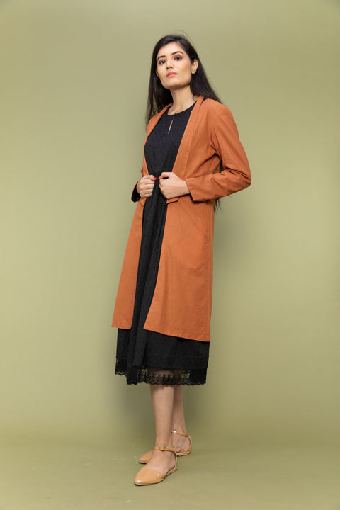 Order Black Textured Cotton Dress with Lace Reversible Jacket in Terracotta Brown (Set of 2) | Vinusto
