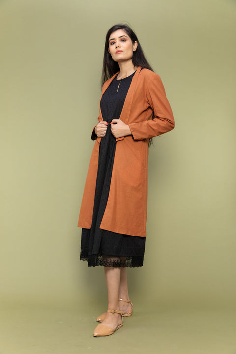 Coordinate Set- Black Textured Cotton Dress with Lace & Reversible Jacket in Terracotta Brown  (Set of 2))