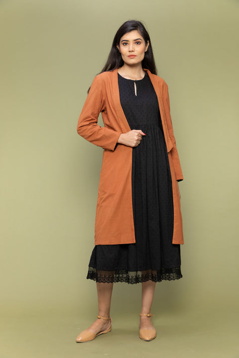 Luxury Black Textured Cotton Dress with Lace Reversible Jacket in Terracotta Brown (Set of 2) | Vinusto