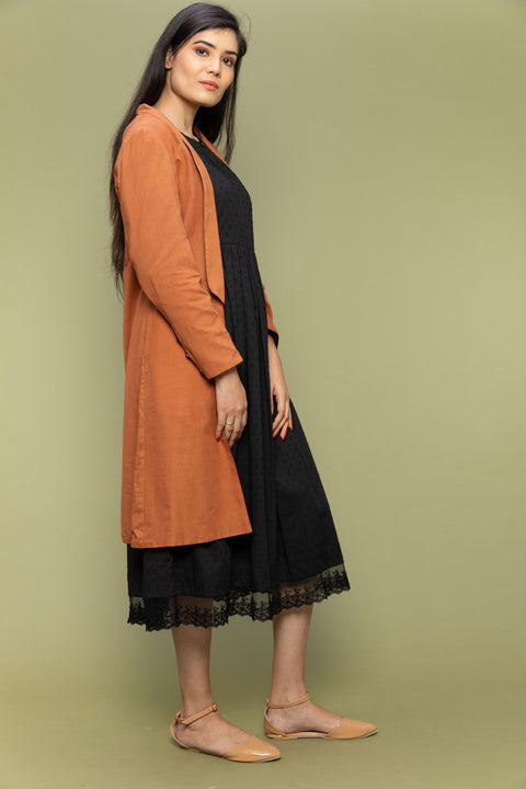 Premium Black Textured Cotton Dress with Lace Reversible Jacket in Terracotta Brown (Set of 2) | Vinusto