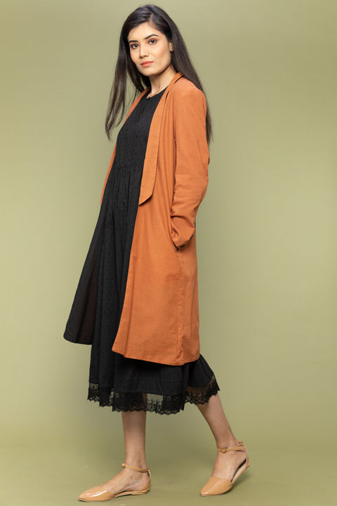 Buy Black Textured Cotton Dress with Lace Reversible Jacket in Terracotta Brown (Set of 2) | Vinusto