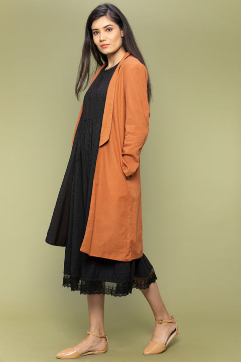 Coordinate Set- Black Textured Cotton Dress with Lace & Reversible Jacket in Terracotta Brown  (Set of 2))
