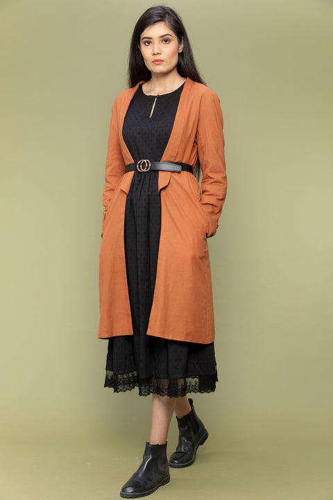Shop Black Textured Cotton Dress with Lace Reversible Jacket in Terracotta Brown (Set of 2) | Vinusto