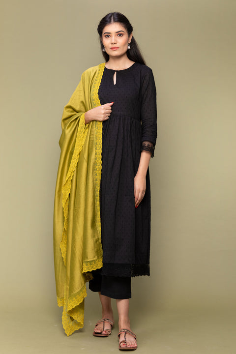 Shop Black Textured Cotton Kurta & Pants with Lime Chanderi Dupatta - Set of 3


