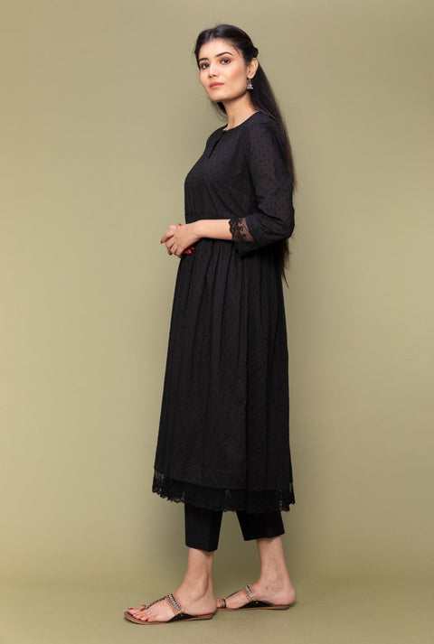 Shop Black Kurta in Textured Cotton with Straight Fit Pants - Set of 2

