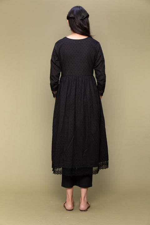 Order Black Kurta in Textured Cotton with Straight Fit Pants - Set of 2

