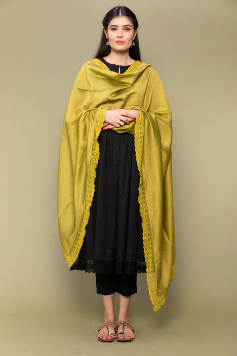 Buy Black Textured Cotton Kurta & Pants with Lime Chanderi Dupatta - Set of 3

