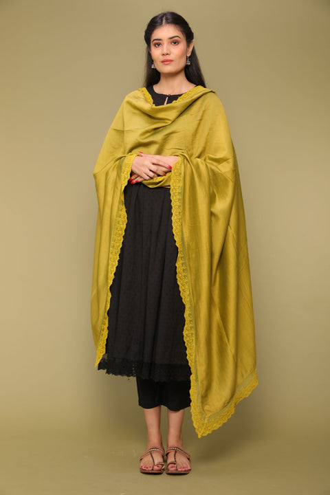 Shop Chanderi Dupatta in Lime Yellow with Embroidered Mesh Lace | Vinusto