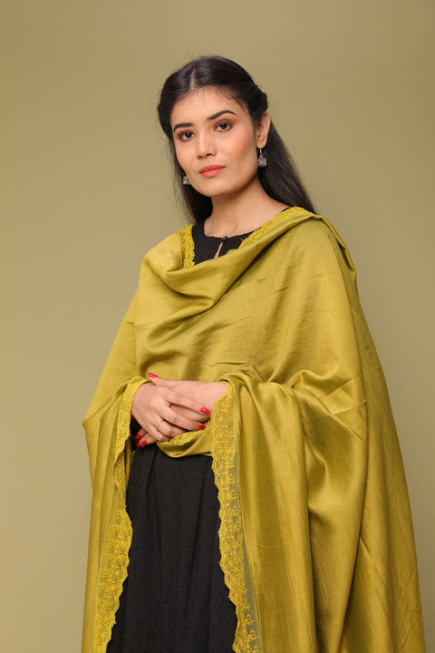 Luxury Chanderi Dupatta in Lime Yellow with Embroidered Mesh Lace | Vinusto
