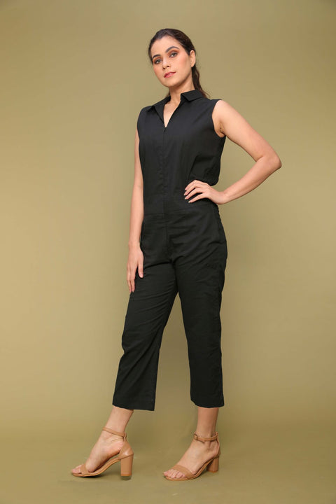 Order Black Cotton Crop Length Jumpsuit | Vinusto