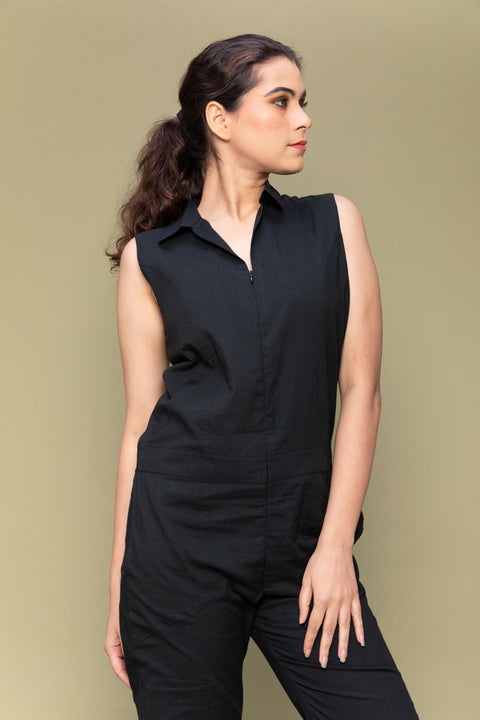 Buy Black Cotton Crop Length Jumpsuit | Vinusto