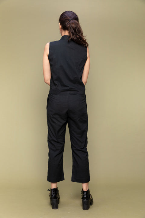 Luxury Black Cotton Crop Length Jumpsuit | Vinusto
