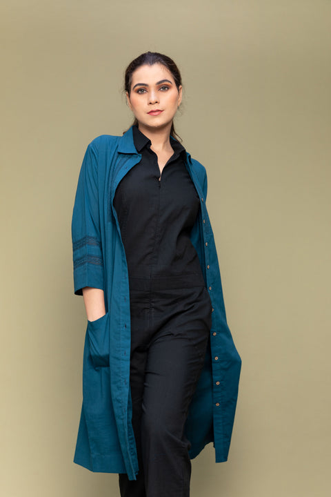 Buy Black Cotton Jumpsuit with Cotton Shirt Jacket in Teal Blue (Set of 2) | Vinusto