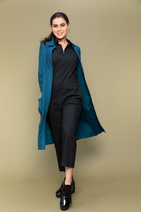 Shop Black Cotton Jumpsuit with Cotton Shirt Jacket in Teal Blue (Set of 2) | Vinusto