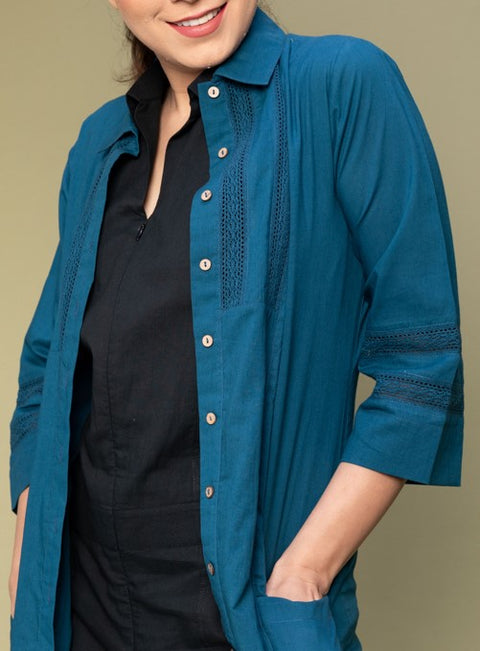 Order Black Cotton Jumpsuit with Cotton Shirt Jacket in Teal Blue (Set of 2) | Vinusto