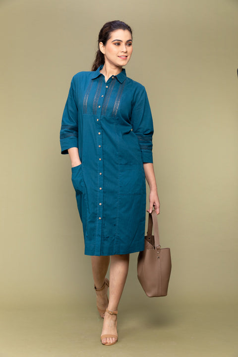 Shop Teal Blue Cotton Shirt Dress with Lace Inserts | Vinusto
