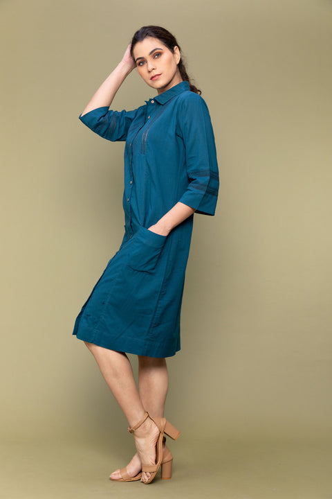 Order Teal Blue Cotton Shirt Dress with Lace Inserts | Vinusto