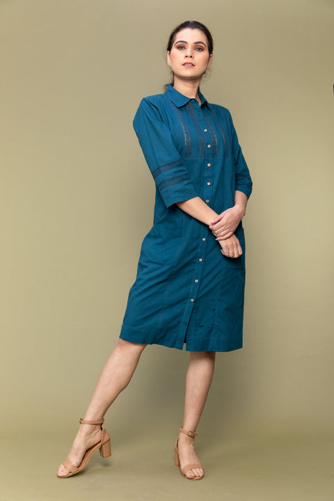 Buy Teal Blue Cotton Shirt Dress with Lace Inserts | Vinusto