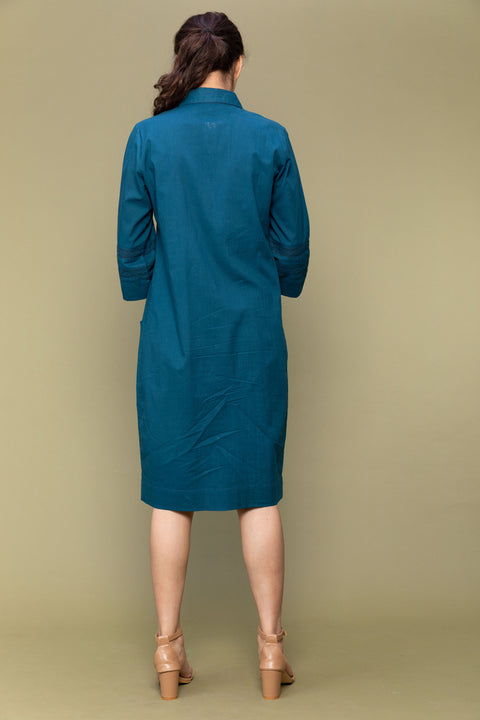 Premium Teal Blue Cotton Shirt Dress with Lace Inserts | Vinusto