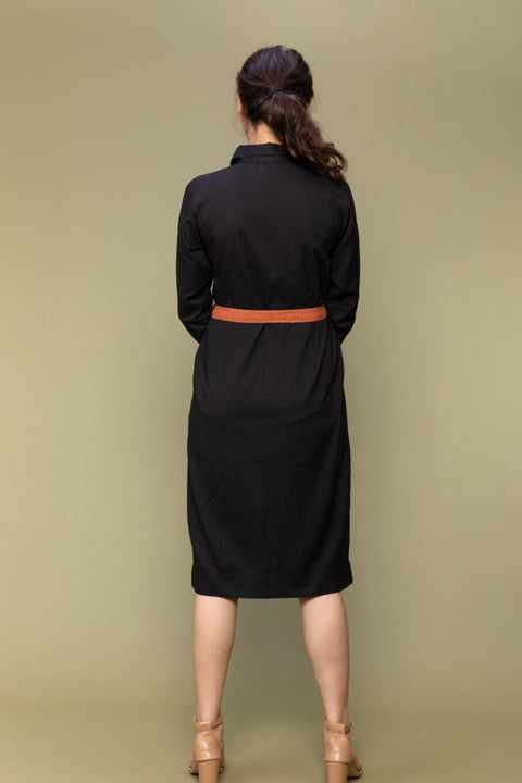 100% Authentic  Black Cotton Bodycon Shirt Dress with Lace Belt | Vinusto