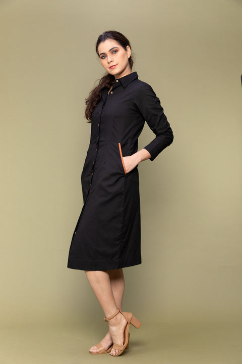 Order Black Cotton Bodycon Shirt Dress with Lace Belt | Vinusto