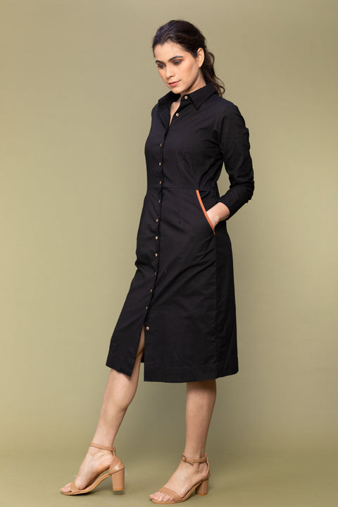 Luxury Black Cotton Bodycon Shirt Dress with Lace Belt | Vinusto