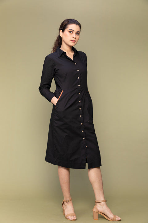 Premium Black Cotton Bodycon Shirt Dress with Lace Belt | Vinusto