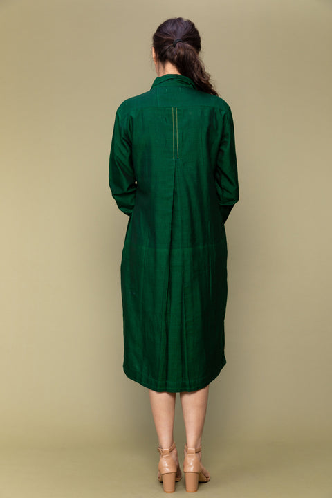Handcraft Forest Green Handloom Cotton Shirt Dress | Vinusto