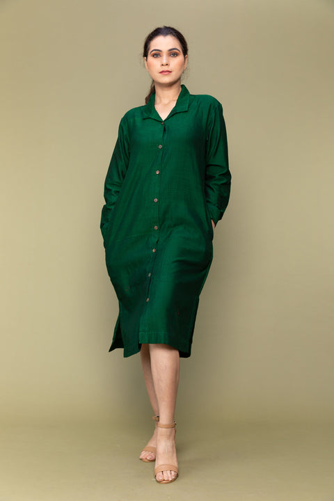 Order Forest Green Handloom Cotton Shirt Dress | Vinusto