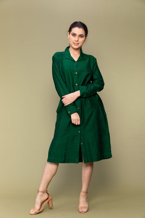 Buy Forest Green Handloom Cotton Shirt Dress | Vinusto