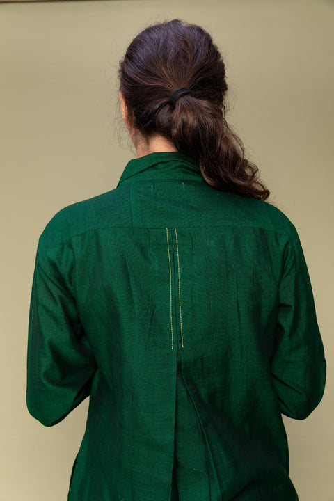 100% Authentic Forest Green Handloom Cotton Shirt Dress | Vinusto
