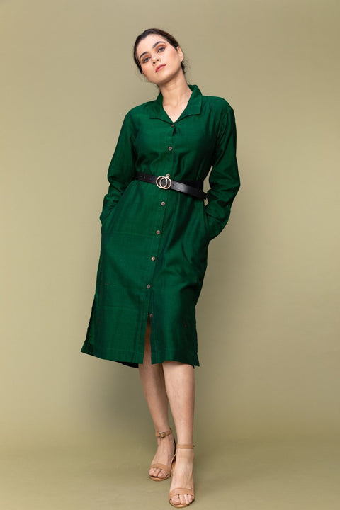 Shop Forest Green Handloom Cotton Shirt Dress | Vinusto