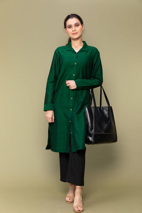 Shop Forest Green Shirt Kurta in Handloom Cotton with Black Straight Fit Pants - Set of 2

